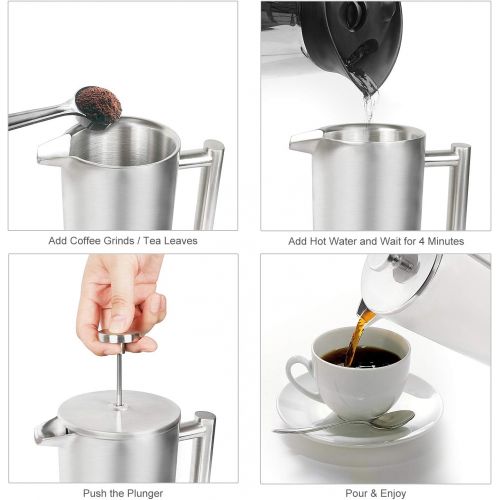  [아마존베스트]OZAVO Coffee maker, with stainless steel filter, French press system with two-layer construction, 1 L