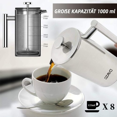  [아마존베스트]OZAVO Coffee maker, with stainless steel filter, French press system with two-layer construction, 1 L