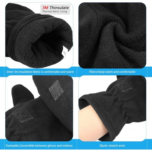  OZERO Winter Gloves 3M Thinsulate Fingerless Convertible Thermal Mittens Windproof Insulated Polar Fleece Warm for Men and Women Black