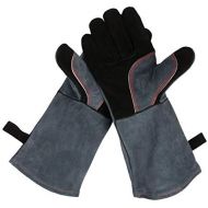 OZERO 932°F Heat Resistant Grill BBQ Gloves Leather Forge Welding Glove with Long Sleeve and Insulated Lining for Men and Women Black Gray 16 inch