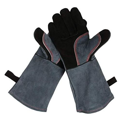  OZERO 932°F Heat Resistant Grill BBQ Gloves Leather Forge Welding Glove with Long Sleeve and Insulated Lining for Men and Women Black Gray 16 inch