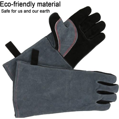  OZERO 932°F Heat Resistant Grill BBQ Gloves Leather Forge Welding Glove with Long Sleeve and Insulated Lining for Men and Women Black Gray 16 inch