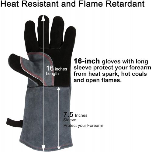  OZERO 932°F Heat Resistant Grill BBQ Gloves Leather Forge Welding Glove with Long Sleeve and Insulated Lining for Men and Women Black Gray 16 inch