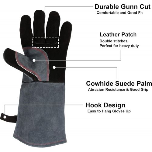  OZERO 932°F Heat Resistant Grill BBQ Gloves Leather Forge Welding Glove with Long Sleeve and Insulated Lining for Men and Women Black Gray 16 inch