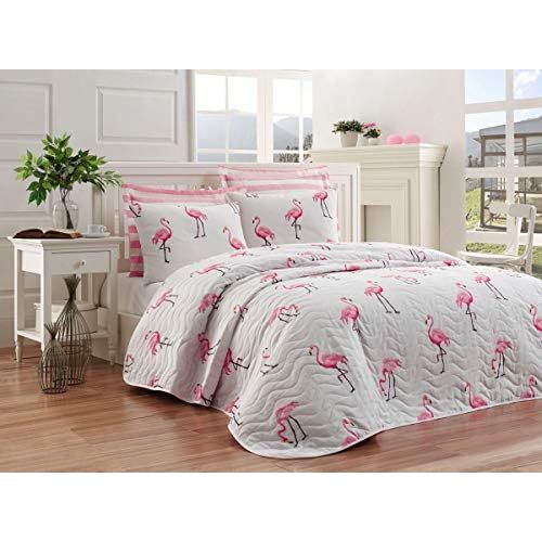  [아마존베스트]OZINCI Birds Bedding, Flamingo Birds Themed Full/Queen Size Bedspread/Coverlet Set, Girls Bedding, 3 Pieces, Pink