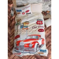 OZINCI Travel Route 100% Cotton Cars Bedding Set, Vintage Car Themed Single/Twin Size Duvet Cover Set, Beige, Boys Bed Set Kids Bedroom (3 Pieces)