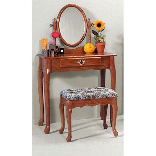  Oak Vanity & Stool Set (Vanity Table, Bench, & Mirror)