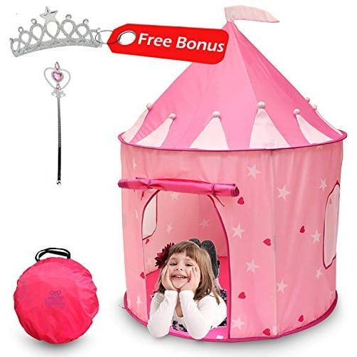  Oakeskaran kiddey little princess castle play tent (pink) glow in the dark stars indooroutdoor playhouse for girls, promotes early learning, social bonding and imaginative play, by kiddey