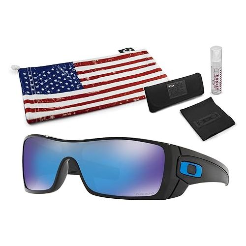 오클리 Oakley Batwolf Sunglasses (Polished Black Frame, Prizm Sapphire Lens) with Lens Cleaning Kit and Country Flag Microbag