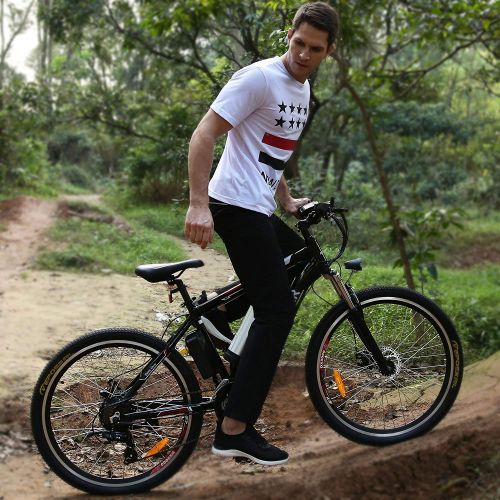  Oanon Electric Bicycle Mens Mountain Bike with 36V Lithium-lon Battery, 250W Power Plus Shimano 26 Speeds Suspension Fork Mountain E-Bike