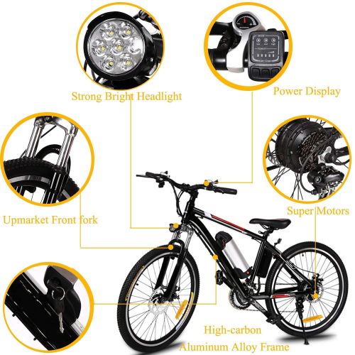  Oanon Electric Bicycle Mens Mountain Bike with 36V Lithium-lon Battery, 250W Power Plus Shimano 26 Speeds Suspension Fork Mountain E-Bike