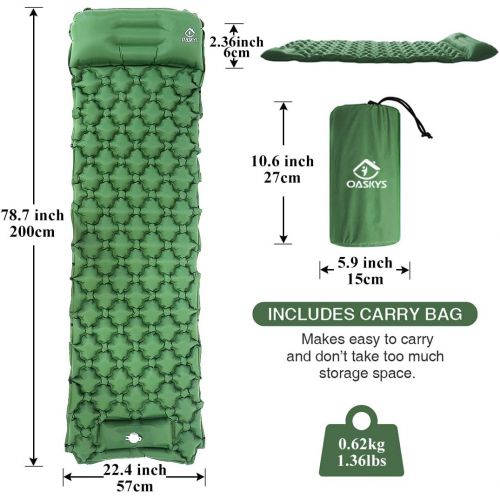  oaskys Camping Sleeping Pad Ultralight Backpacking Air Mattress with Inflatable Pillow & Compact Carrying Bag Sleeping Pads for Hiking Traveling & Camping Outdoor Activities