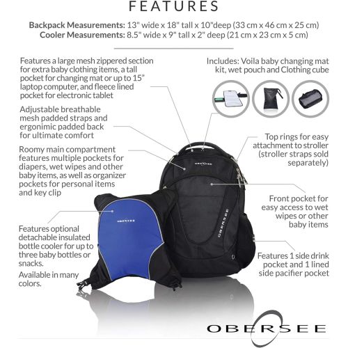  Obersee Oslo Diaper Bag Backpack with Detachable Cooler, Black/Royal Blue