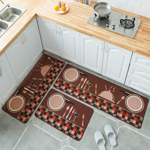  Ocamo 2PCS/Set Kitchen Mat Rubber Backing Doormat Runner Rug Set, Simple Cartoon Printed Non Slip Floor Mat Carpet for Kitchen Door Coffee Cup 50X80+50X120cm