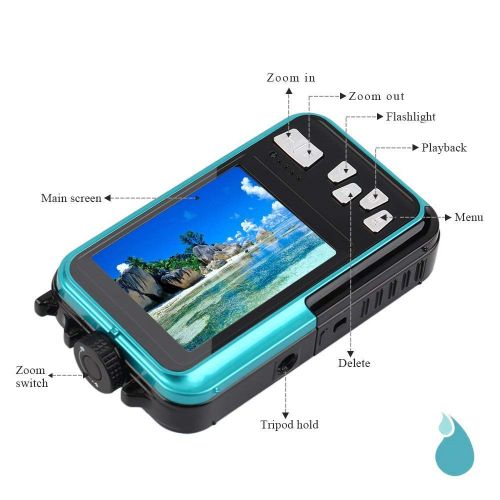  Ocamo 1080P Full HD Waterproof Digital Camera Underwater Camera 24 MP Video Recorder Selfie Dual Screen DV Recording Camera Blue