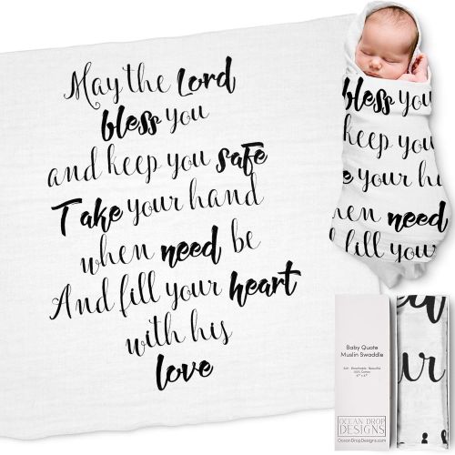  Ocean Drop Designs Ocean Drop - White Muslin Swaddle Blankets - May The Lord Quote - for Christening, Baptism, Baby Shower, Godchild Gift - 100% Cotton, Breathable - Machine Washable (47x47)