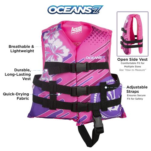  Oceans 7 New & Improved Oceans7 US Coast Guard Approved, Child Life Jacket, Flex-Form Chest, Open-Sided Design, Type III Vest, PFD, Personal Flotation Device, Pink/Berry