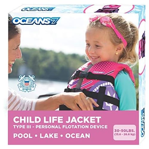  [아마존베스트]New & Improved Oceans7 US Coast Guard Approved, Child Life Jacket, Flex-Form Chest, Open-Sided Design, Type III Vest, PFD, Personal Flotation Device, Pink/Berry