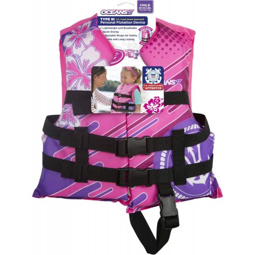  [아마존베스트]New & Improved Oceans7 US Coast Guard Approved, Child Life Jacket, Flex-Form Chest, Open-Sided Design, Type III Vest, PFD, Personal Flotation Device, Pink/Berry