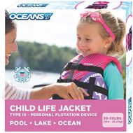 New & Improved Oceans7 US Coast Guard Approved, Child Life Jacket, Flex-Form Chest, Open-Sided Design, Type III Vest, PFD, Personal Flotation Device, Pink/Berry