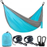 Ocodio Single & Double Camping Hammock with 2 Tree StrapsLightweight Portable Parachute Nylon Hammock Set for Travel, Backpacking,Beach,Yard and Outdoor Survival (Grey/Sky Blue, Twin)