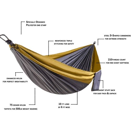  Ocodio Single & Double Camping Hammock with 2 Tree StrapsLightweight Portable Parachute Nylon Hammock Set for Travel, Backpacking,Beach,Yard and Outdoor Survival (Camel, Twin)