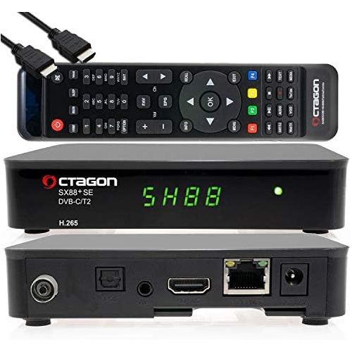  OCTAGON SX88+ SE H.265 HD Mini Hybrid Receiver C/T2+ Smart IPTV Box Black DVB C/DVBT 2 USB Recorder Media Player LAN Free HDMI Cable 12V for Camping IR Receiver