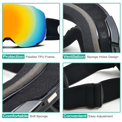  Odoland ODOLAND Ski Goggles w Magnetic Detachable Lens UV400 Protection Mirror and Anti-Fog Lens