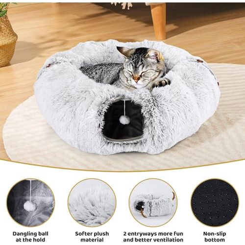  Cat Tunnel Bed with Soft Central Cat Couch and 20 Cat Toys, Big Tube Pet Tunnels with Hanging Balls, Cat Donut Tunnel and Variety Kitty Toy Set for Chewing Playing Indoor