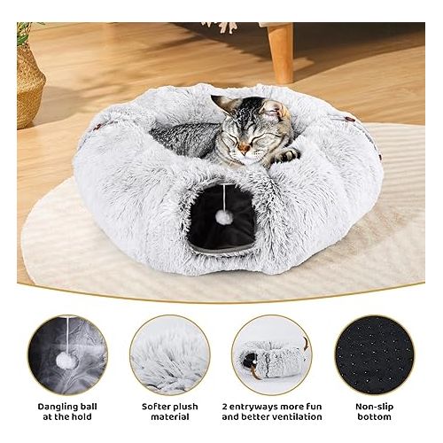  Cat Tunnel Bed with Soft Central Cat Couch and 20 Cat Toys, Big Tube Pet Tunnels with Hanging Balls, Cat Donut Tunnel and Variety Kitty Toy Set for Chewing Playing Indoor