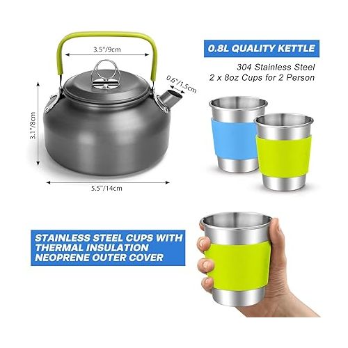  Odoland 15pcs Camping Cookware Mess Kit, Non-Stick Lightweight Pot Pan Kettle Set with Stainless Steel Cups Plates Forks Knives Spoons for Camping, Backpacking, Outdoor Cooking and Picnic