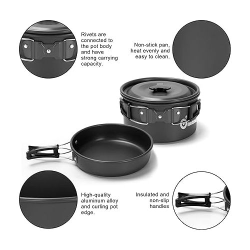  Odoland 15pcs Camping Cookware Mess Kit, Non-Stick Lightweight Pot Pan Kettle Set with Stainless Steel Cups Plates Forks Knives Spoons for Camping, Backpacking, Outdoor Cooking and Picnic