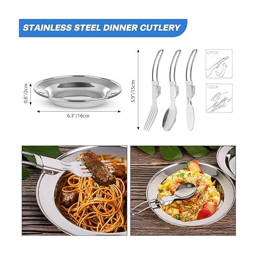  Odoland 15pcs Camping Cookware Mess Kit, Non-Stick Lightweight Pot Pan Kettle Set with Stainless Steel Cups Plates Forks Knives Spoons for Camping, Backpacking, Outdoor Cooking and Picnic