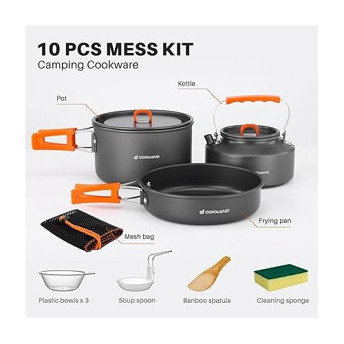  Odoland 10pcs Camping Cookware Camping Pots and Pans Set with Kettle Plastic Bowls and Soup Spoon for Camping, Backpacking, Outdoor Cooking and Picnic