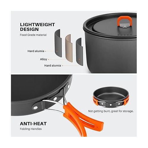  Odoland 10pcs Camping Cookware Camping Pots and Pans Set with Kettle Plastic Bowls and Soup Spoon for Camping, Backpacking, Outdoor Cooking and Picnic