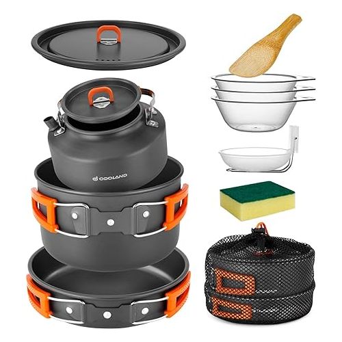  Odoland 10pcs Camping Cookware Camping Pots and Pans Set with Kettle Plastic Bowls and Soup Spoon for Camping, Backpacking, Outdoor Cooking and Picnic