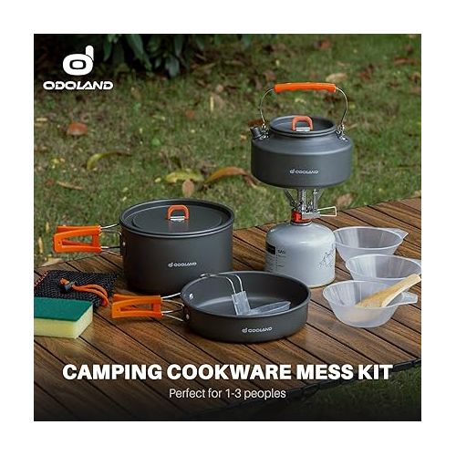  Odoland 10pcs Camping Cookware Camping Pots and Pans Set with Kettle Plastic Bowls and Soup Spoon for Camping, Backpacking, Outdoor Cooking and Picnic