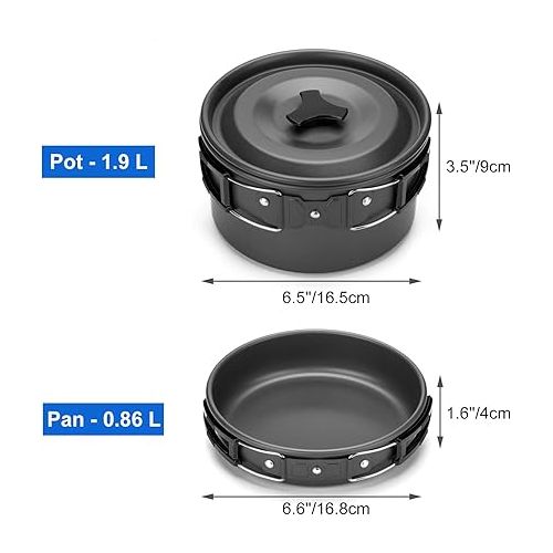  Odoland Camping Cookware Mess Kit, Lightweight Pot Pan Kettle with 2 Cups, Fork Spoon Kit Stainless Steel, gray for Backpacking, Outdoor Camping Hiking and Picnic