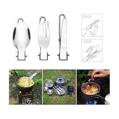  Odoland Camping Cookware Mess Kit, Lightweight Pot Pan Kettle with 2 Cups, Fork Spoon Kit Stainless Steel, gray for Backpacking, Outdoor Camping Hiking and Picnic