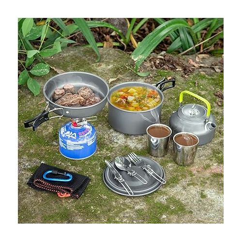  Odoland Camping Cookware Mess Kit, Lightweight Pot Pan Kettle with 2 Cups, Fork Spoon Kit Stainless Steel, gray for Backpacking, Outdoor Camping Hiking and Picnic