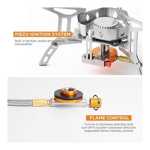  Odoland 3500W Windproof Camp Stove Camping Gas Stove with Fuel Canister Adapter, Piezo Ignition, Carry Case, Portable Collapsible Stove Burner for Outdoor Backpacking Hiking and Picnic