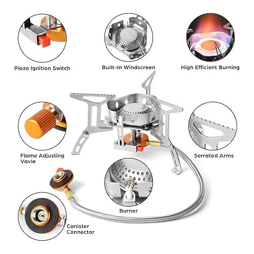  Odoland 3500W Windproof Camp Stove Camping Gas Stove with Fuel Canister Adapter, Piezo Ignition, Carry Case, Portable Collapsible Stove Burner for Outdoor Backpacking Hiking and Picnic