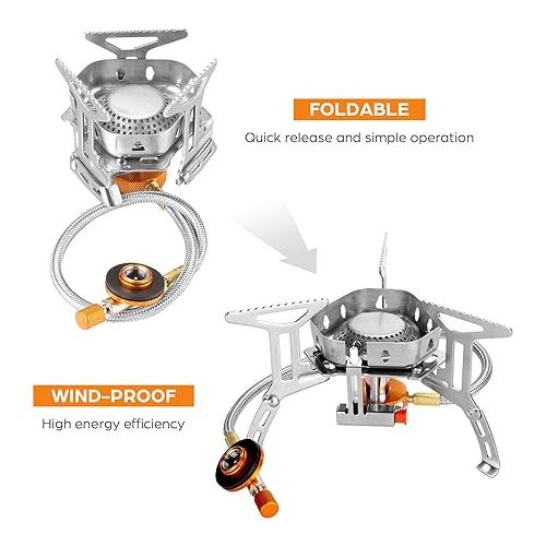  Odoland 3500W Windproof Camp Stove Camping Gas Stove with Fuel Canister Adapter, Piezo Ignition, Carry Case, Portable Collapsible Stove Burner for Outdoor Backpacking Hiking and Picnic