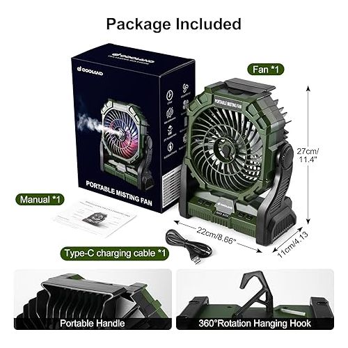  Odoland Portable Misting Fan, 10400mAh Camping Fan with RGB Light & 250mL Water Tank, Battery Operated Rechargeable Mister Tent Fan with Hook, Cooling Mist Fans for Outdoor Patios Beach RV Car Summer