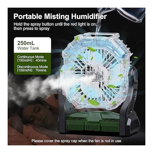  Odoland Portable Misting Fan, 10400mAh Camping Fan with RGB Light & 250mL Water Tank, Battery Operated Rechargeable Mister Tent Fan with Hook, Cooling Mist Fans for Outdoor Patios Beach RV Car Summer