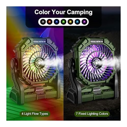  Odoland Portable Misting Fan, 10400mAh Camping Fan with RGB Light & 250mL Water Tank, Battery Operated Rechargeable Mister Tent Fan with Hook, Cooling Mist Fans for Outdoor Patios Beach RV Car Summer