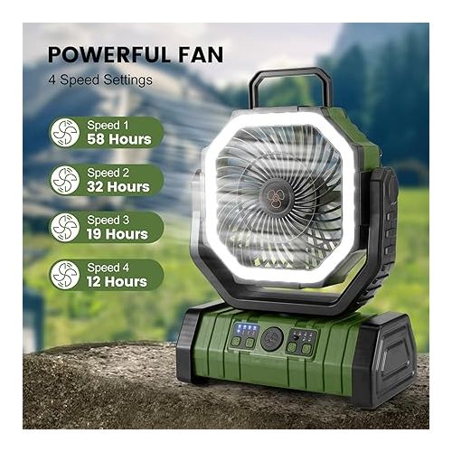  Odoland 30000mAh Camping Fan with LED Lantern, Rechargeable Battery Operated Oscillating Fan with Remote & Hook, Portable Tent Fan with Timer, 4 Speeds for Outdoor Camp RV Jobsite Power Outage, Green