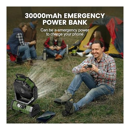  Odoland 30000mAh Camping Fan with LED Lantern, Rechargeable Battery Operated Oscillating Fan with Remote & Hook, Portable Tent Fan with Timer, 4 Speeds for Outdoor Camp RV Jobsite Power Outage, Green