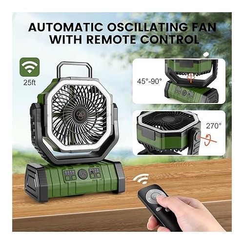  Odoland 30000mAh Camping Fan with LED Lantern, Rechargeable Battery Operated Oscillating Fan with Remote & Hook, Portable Tent Fan with Timer, 4 Speeds for Outdoor Camp RV Jobsite Power Outage, Green