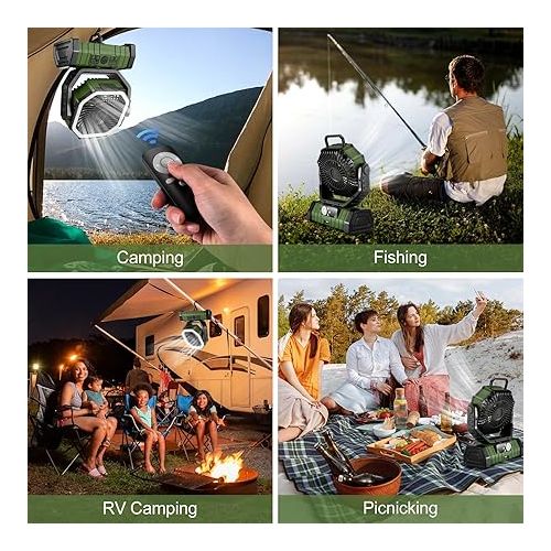  Odoland 30000mAh Camping Fan with LED Lantern, Rechargeable Battery Operated Oscillating Fan with Remote & Hook, Portable Tent Fan with Timer, 4 Speeds for Outdoor Camp RV Jobsite Power Outage, Green